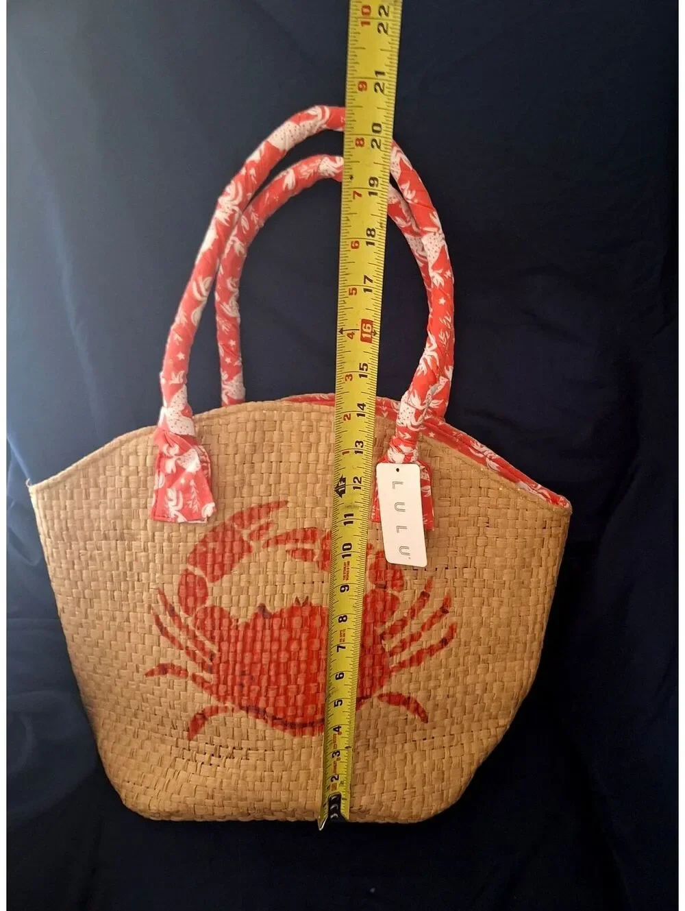 NWT Lulu Crab Woven Wicker Straw Beach Tote Pink Coral Scarf Handles 3 Pockets
